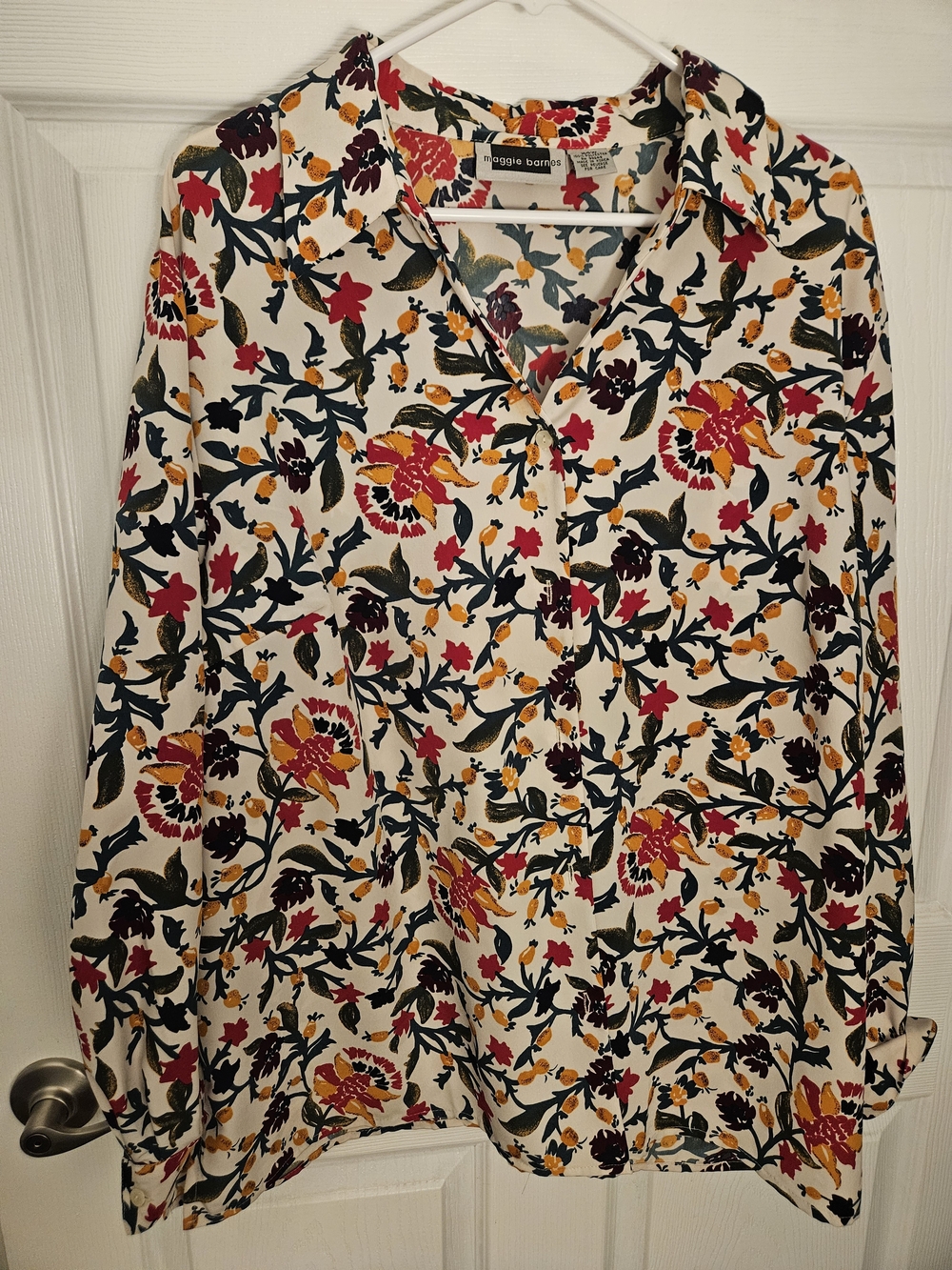 Maggie Barnes Cream Blouse with Pink, Mustard & Dark Green Floral Print